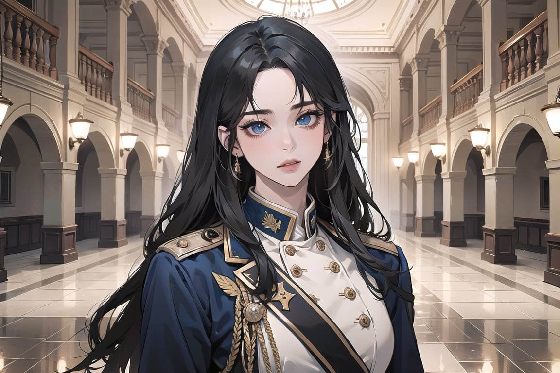 ((Black hair)), center parthair, straight long hair, blue eyes, doyagao, wearing a ((military uniform:1.3)), by Raphael, masterpiece, upper body shot, magnificent indoor hall, Herioce,1 girl