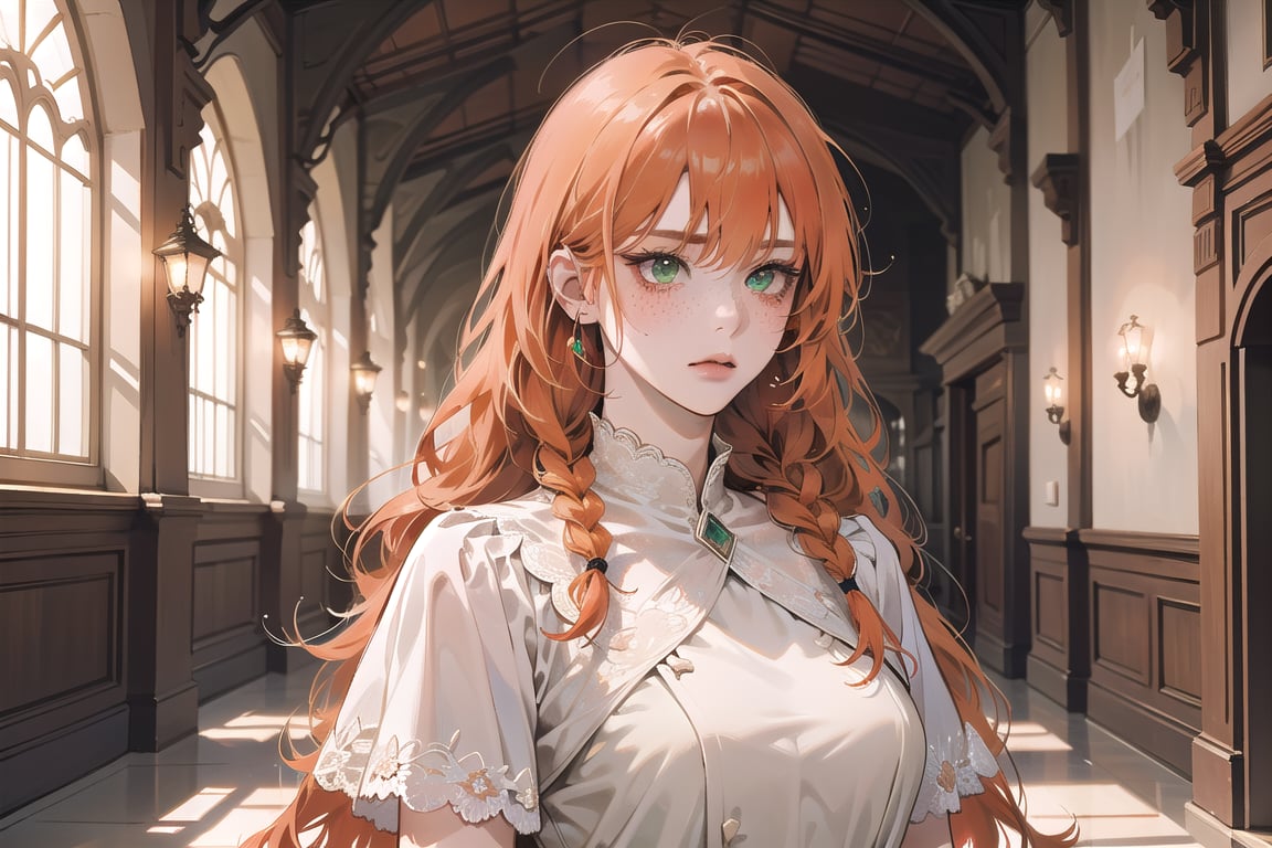 ((Tangerine hair)), (freckle), (twin braids), (bangs), long wavy hair, green eyes, serious, wearing a ((red)) 
 Romanticism Gown)), short sleeve, by Raphael, masterpiece, upper body shot, magnificent indoor hall, Flonie, 1 girl