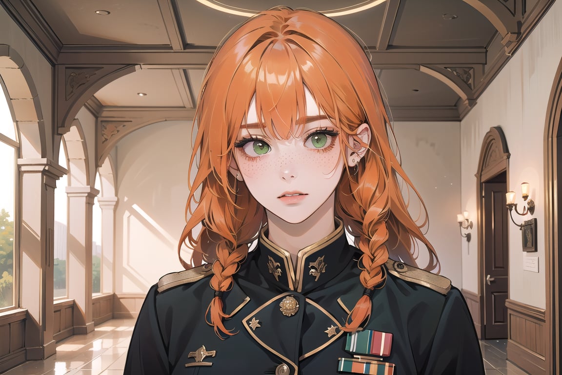 ((Tangerine hair)), (freckle), (twin braids), (bangs), long wavy hair, green eyes, shy, wearing a ((military uniform:1.3)), by Raphael, masterpiece, upper body shot, magnificent indoor hall, Flonie, 1 girl