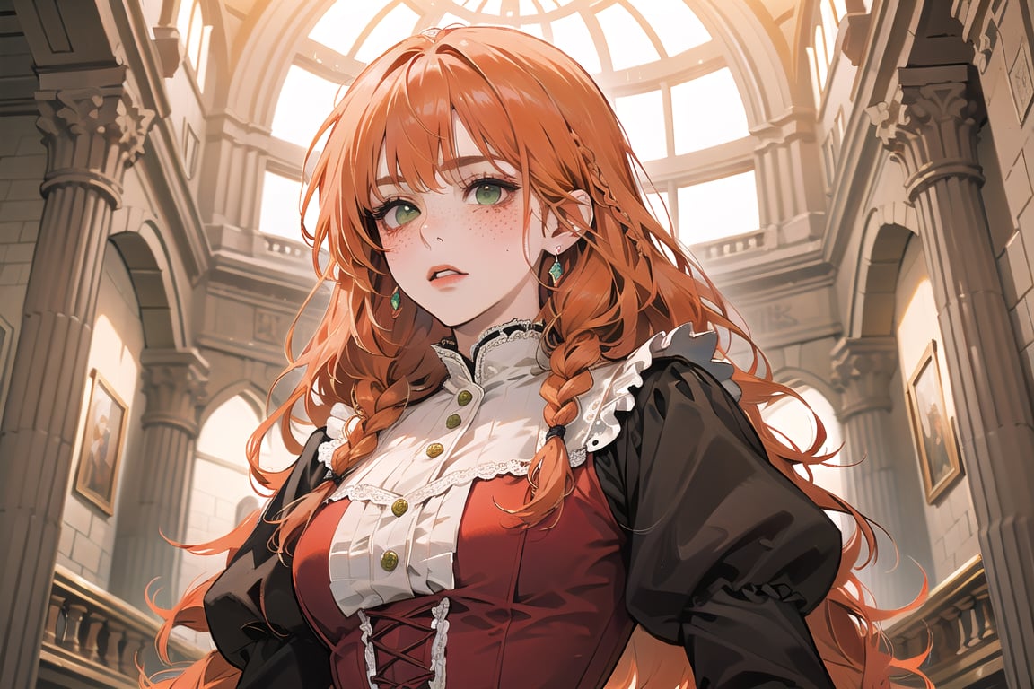 ((Tangerine hair)), (freckle), (twin braids), (bangs), long wavy hair, green eyes, full-face blush, wearing a ((Crimson)) ((royal Victorian dress)), long puff sleeve, by Raphael, masterpiece, upper body shot, magnificent indoor hall, Flonie, 1 girl