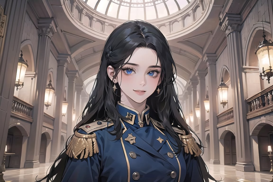 ((Black hair)), (((center parthair))), straight long hair, blue eyes, angelic smile, wearing a ((military uniform:1.3)), by Raphael, masterpiece, upper body shot, magnificent indoor hall, Herioce,1 girl