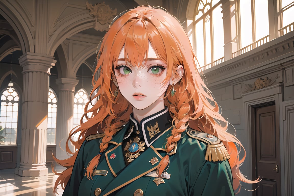 ((Tangerine hair)), (freckle), (twin braids), (bangs), long wavy hair, green eyes, shy, wearing a ((military uniform:1.3)), by Raphael, masterpiece, upper body shot, magnificent indoor hall, Flonie, 1 girl