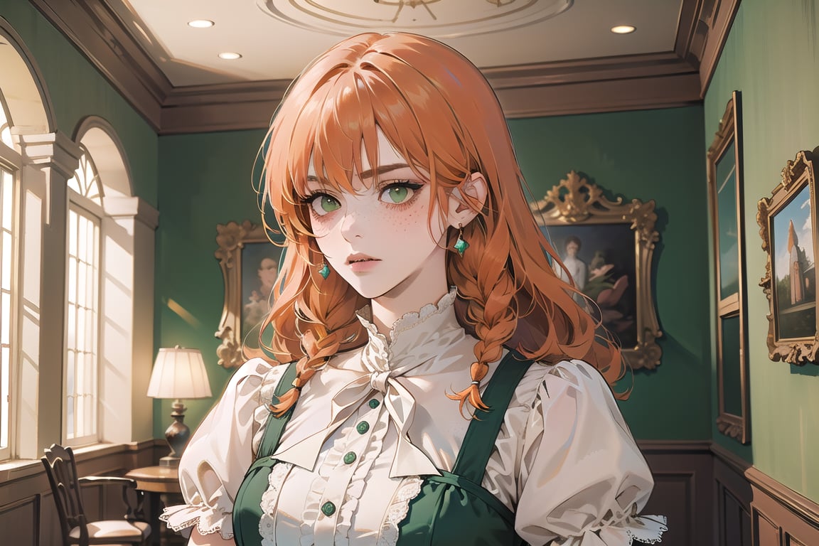 ((Tangerine hair)), (freckle), (twin braids), (bangs), long wavy hair, green eyes, serious, wearing a ((Victorian dress)), short sleeve, by Raphael, masterpiece, upper body shot, magnificent indoor hall, Flonie, 1 girl