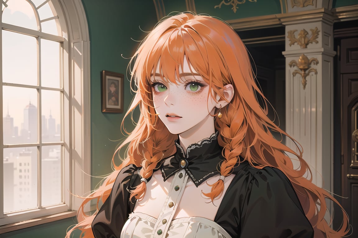 ((Tangerine hair)), (freckle), (twin braids), (bangs), long wavy hair, green eyes, shy, wearing a ((Victorian dress)), long sleeve, by Raphael, masterpiece, upper body shot, magnificent indoor hall, Flonie, 1 girl