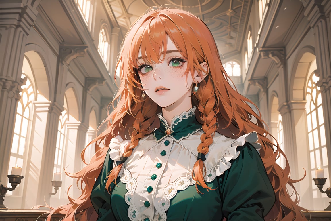 ((Tangerine hair)), (freckle), (twin braids), (bangs), long wavy hair, green eyes, shy, wearing a ((royal Victorian dress)), long sleeve, by Raphael, masterpiece, upper body shot, magnificent indoor hall, Flonie, 1 girl