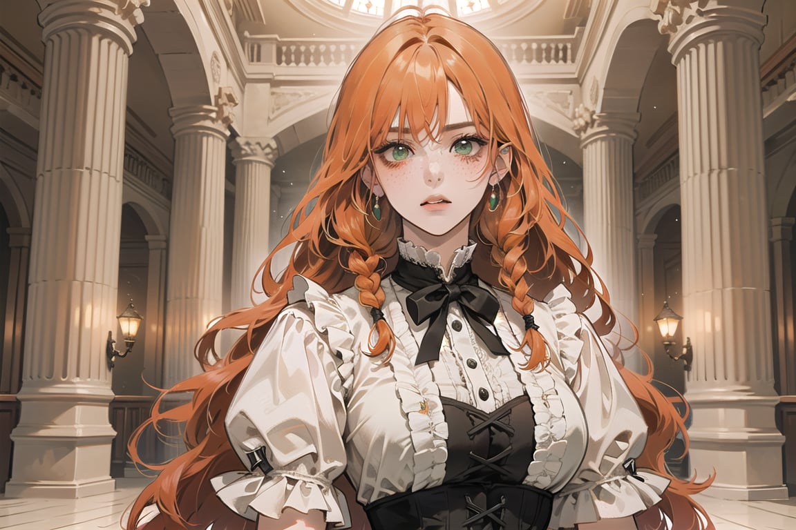 ((Tangerine hair)), (freckle), (twin braids), (bangs), long wavy hair, green eyes, serious, wearing a ((Victorian dress)), short sleeve, by Raphael, masterpiece, upper body shot, magnificent indoor hall, Flonie, 1 girl