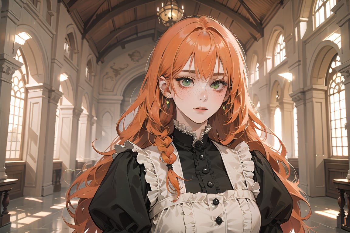 ((Tangerine hair)), (freckle), (twin braids), (bangs), long wavy hair, green eyes, shy, wearing a ((Victorian dress)), long sleeve, by Raphael, masterpiece, upper body shot, magnificent indoor hall, Flonie, 1 girl