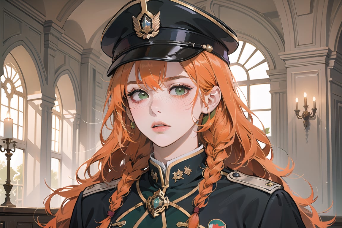 ((Tangerine hair)), (freckle), (twin braids), (bangs), long wavy hair, green eyes, serious, wearing a ((military uniform:1.3)), by Raphael, masterpiece, upper body shot, magnificent indoor hall, Flonie, 1 girl