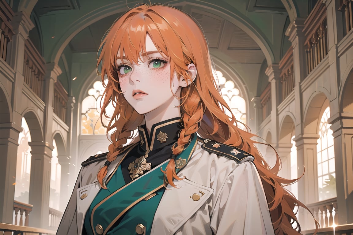 ((Tangerine hair)), (freckle), (twin braids), (bangs), long wavy hair, green eyes, serious, wearing a ((white)) ((military uniform:1.3)), by Raphael, masterpiece, upper body shot, magnificent indoor hall, Flonie, 1 girl