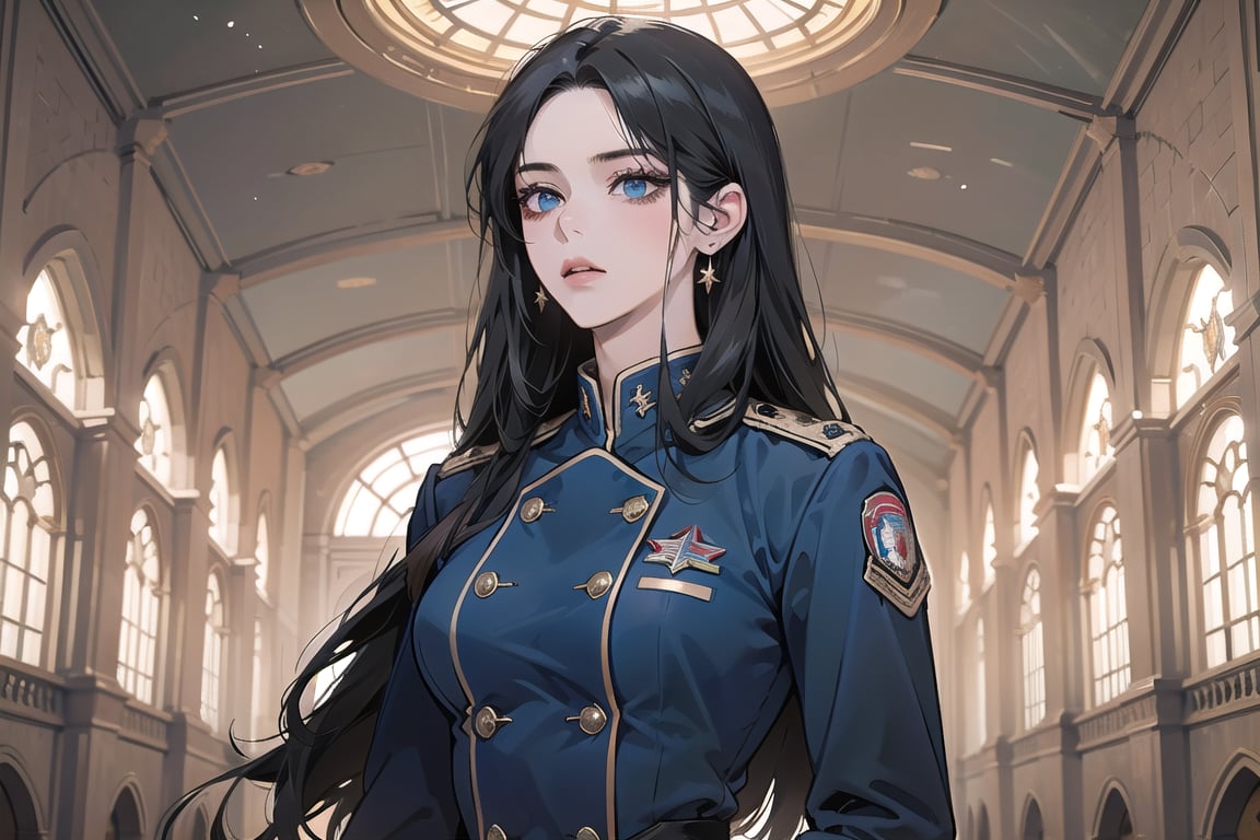 ((Black hair)), (((center parthair))), straight long hair, blue eyes, serious, wearing a ((military uniform:1.3)), by Raphael, masterpiece, upper body shot, magnificent indoor hall, Herioce,1 girl