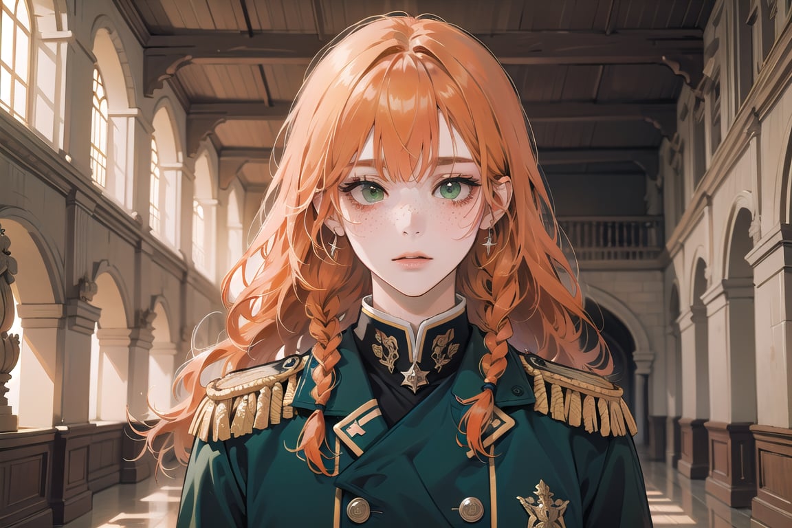 ((Tangerine hair)), (freckle), (twin braids), (bangs), long wavy hair, green eyes, shy, wearing a ((military uniform:1.3)), by Raphael, masterpiece, upper body shot, magnificent indoor hall, Flonie, 1 girl