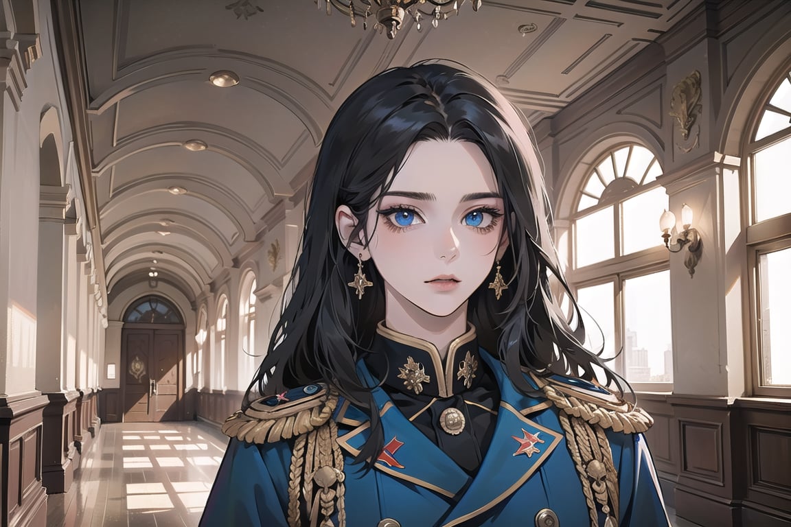 ((Black hair)), (((center parthair))), straight long hair, blue eyes, mad, wearing a ((military uniform:1.3)), by Raphael, masterpiece, upper body shot, magnificent indoor hall, Herioce,1 girl