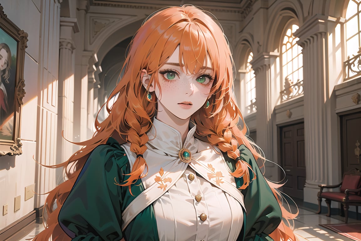 ((Tangerine hair)), (freckle), (twin braids), (bangs), long wavy hair, green eyes, shy, wearing a ((royal Victorian dress)), long sleeve, by Raphael, masterpiece, upper body shot, magnificent indoor hall, Flonie, 1 girl