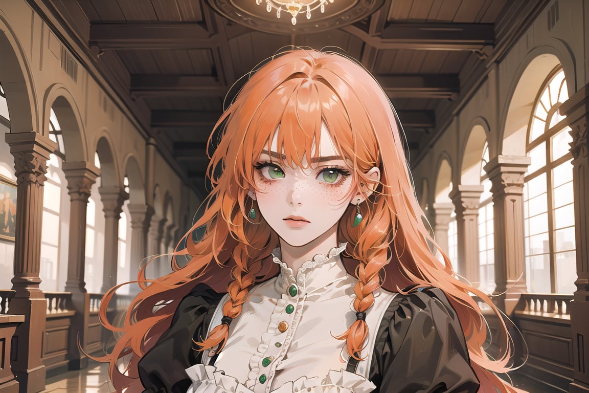 ((Tangerine hair)), (freckle), (twin braids), (bangs), long wavy hair, green eyes, serious, wearing a ((Victorian dress)), short sleeve, by Raphael, masterpiece, upper body shot, magnificent indoor hall, Flonie, 1 girl