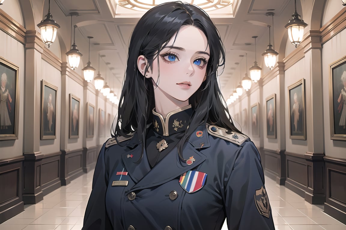 ((Black hair)), center parthair, straight long hair, blue eyes, smug, wearing a ((military uniform:1.3)), by Raphael, masterpiece, upper body shot, magnificent indoor hall, Herioce,1 girl