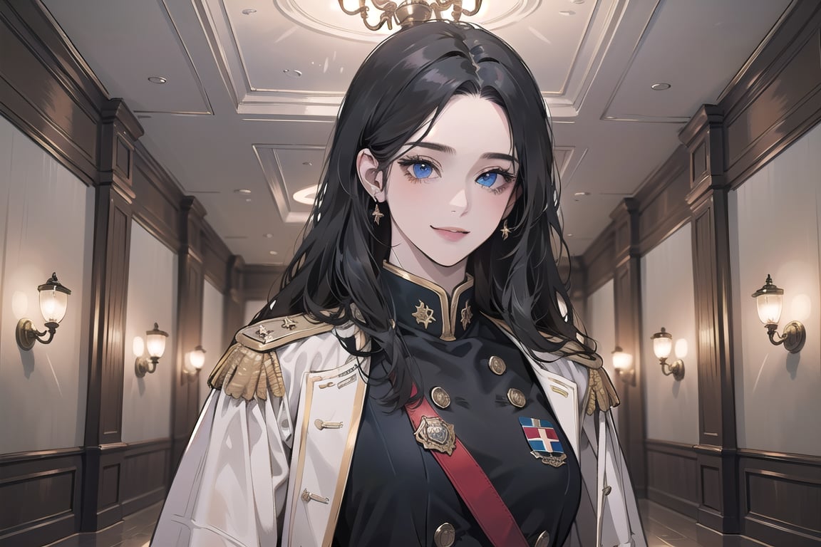 ((Black hair)), (((center parthair))), straight long hair, blue eyes, angelic smile, wearing a ((military uniform:1.3)), by Raphael, masterpiece, upper body shot, magnificent indoor hall, Herioce,1 girl