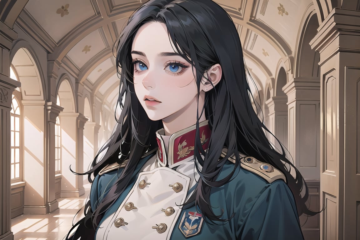 ((Black hair)), center parthair, straight long hair, blue eyes, disgust, wearing a ((military uniform:1.3)), by Raphael, masterpiece, upper body shot, magnificent indoor hall, Herioce,1 girl