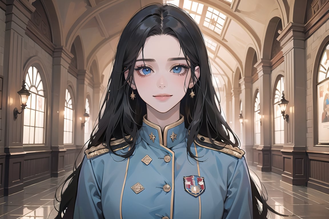 ((Black hair)), center parthair, straight long hair, blue eyes, sad smile, wearing a ((military uniform:1.3)), by Raphael, masterpiece, upper body shot, magnificent indoor hall, Herioce,1 girl