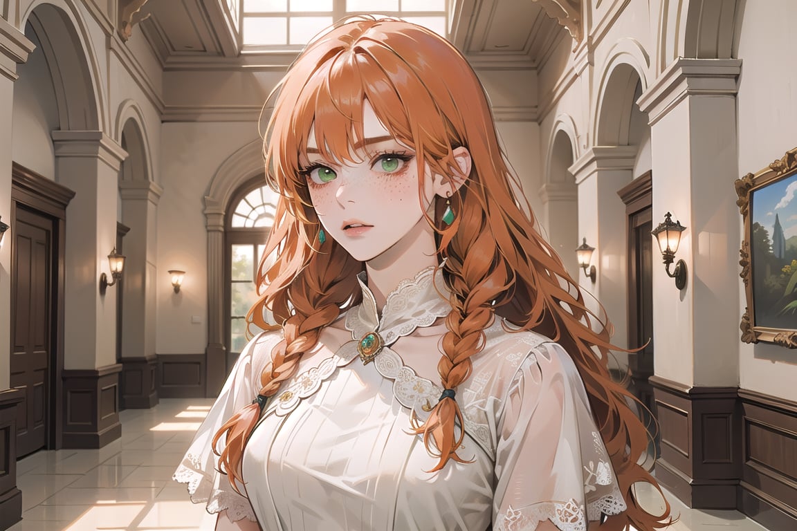 ((Tangerine hair)), (freckle), (twin braids), (bangs), long wavy hair, green eyes, serious, wearing a (lovely Romanticism Gown)), short sleeve, by Raphael, masterpiece, upper body shot, magnificent indoor hall, Flonie, 1 girl