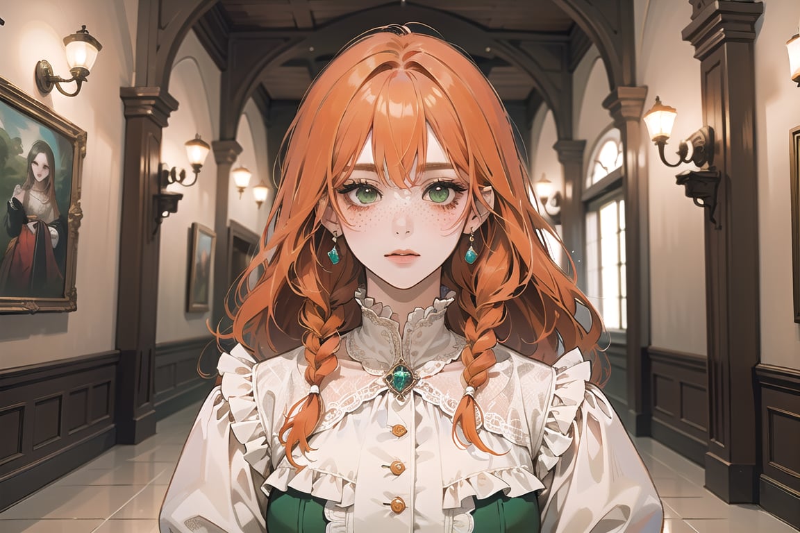 ((Tangerine hair)), (freckle), (twin braids), (bangs), long wavy hair, green eyes, shy, wearing a ((royal Victorian dress)), long puff sleeve, by Raphael, masterpiece, upper body shot, magnificent indoor hall, Flonie, 1 girl