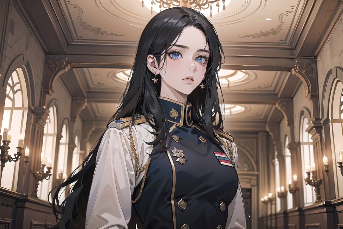 ((Black hair)), center parthair, straight long hair, blue eyes, expressionless, wearing a ((military uniform:1.3)), by Raphael, masterpiece, upper body shot, magnificent indoor hall, Herioce,1 girl