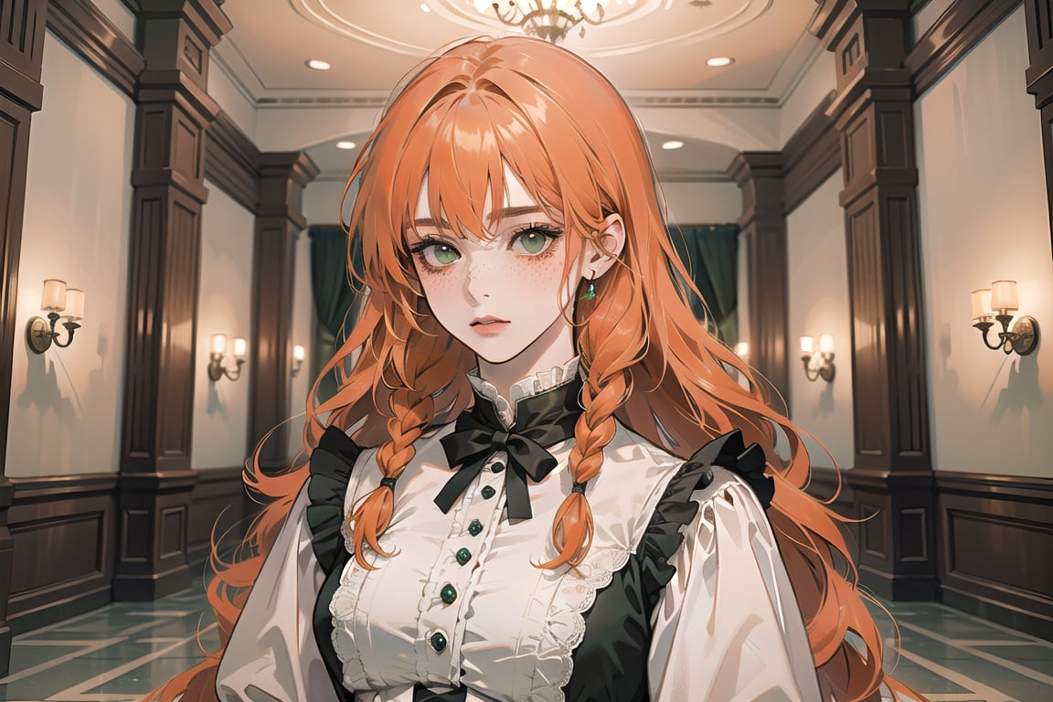 ((Tangerine hair)), (freckle), (twin braids), (bangs), long wavy hair, green eyes, shy, wearing a ((Victorian dress)), long sleeve, by Raphael, masterpiece, upper body shot, magnificent indoor hall, Flonie, 1 girl