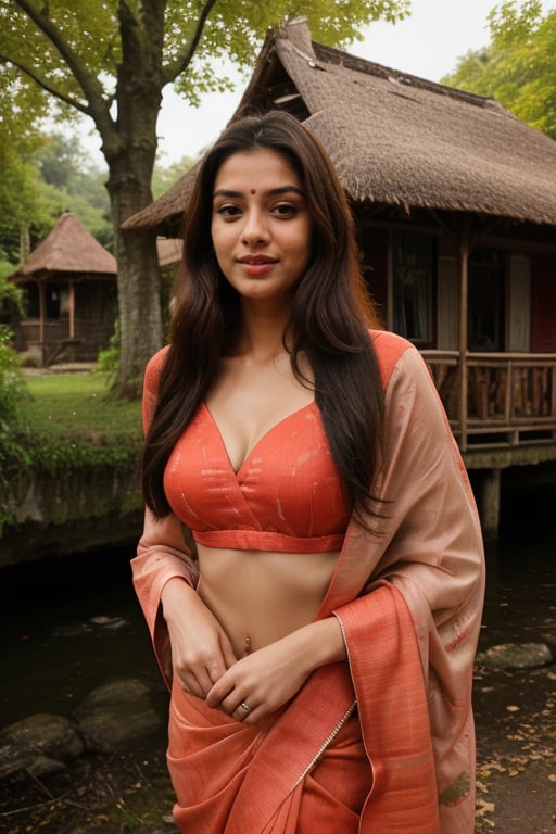 The image is a portrait of a leggings hot girls young Indian woman standing in front of a river. She is wearing a traditional Indian saree in a peach color with a matching blouse. The saree is draped over her body and she is looking directly at the camera with a slight smile on her face. The woman has long dark hair and is wearing red lipstick. In the background, there is a thatched hut and trees. The overall mood of the image is peaceful and serene.