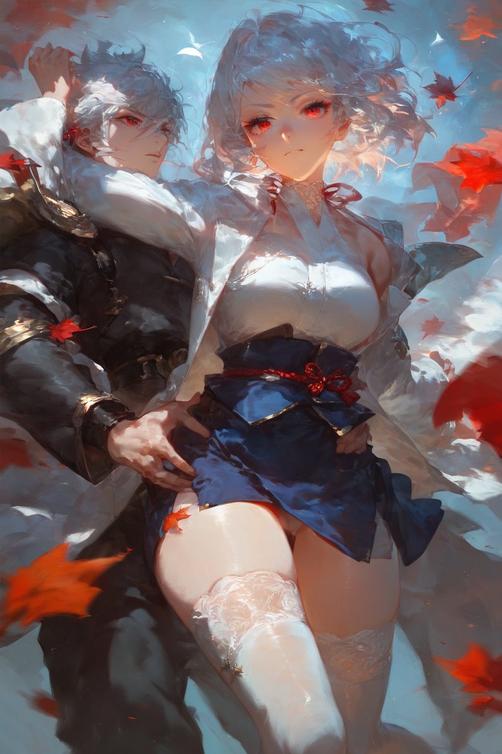 (score_9,score_8_up,score_7_up),best quality, expressive eyes, perfect face, girl with short white hair and red eyes, wearing a white cardigan, jacket under her shoulders, black office skirt, fashion eyelashes, sword

Standing, combat pose, beautiful eyelashes, red leaves around, samurai position, long sleeves, halterneck, white dress, white thighhighs