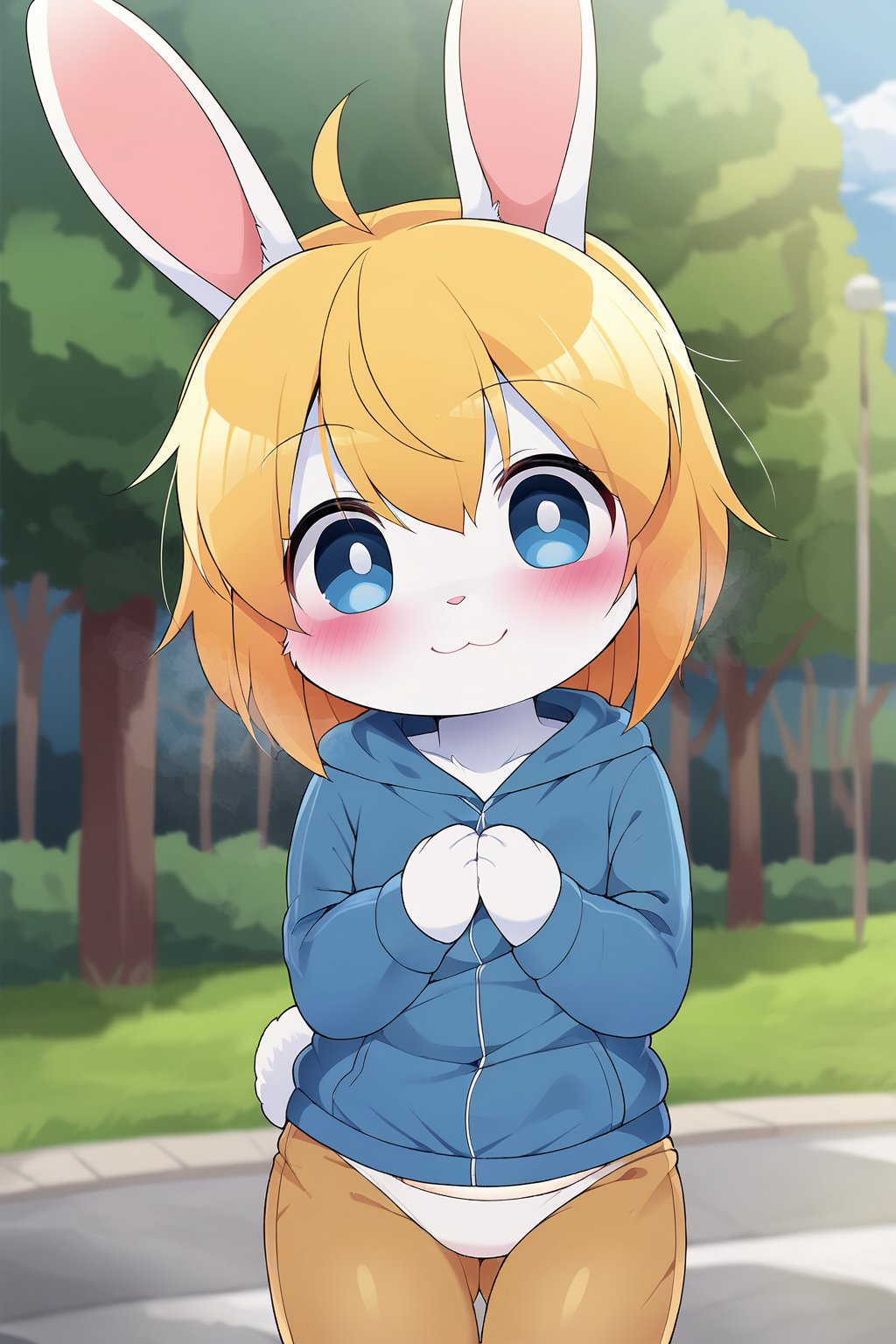 a cute little girl which is a yellow bunny with short blonde hair blue eyes, smiling, loli, bunny nose, (bunny tail:1,5), outdoors, (best quality:1,5), (masterpiece:1,5), art_by_dagasi:1, clothed, (white fur:1,5)