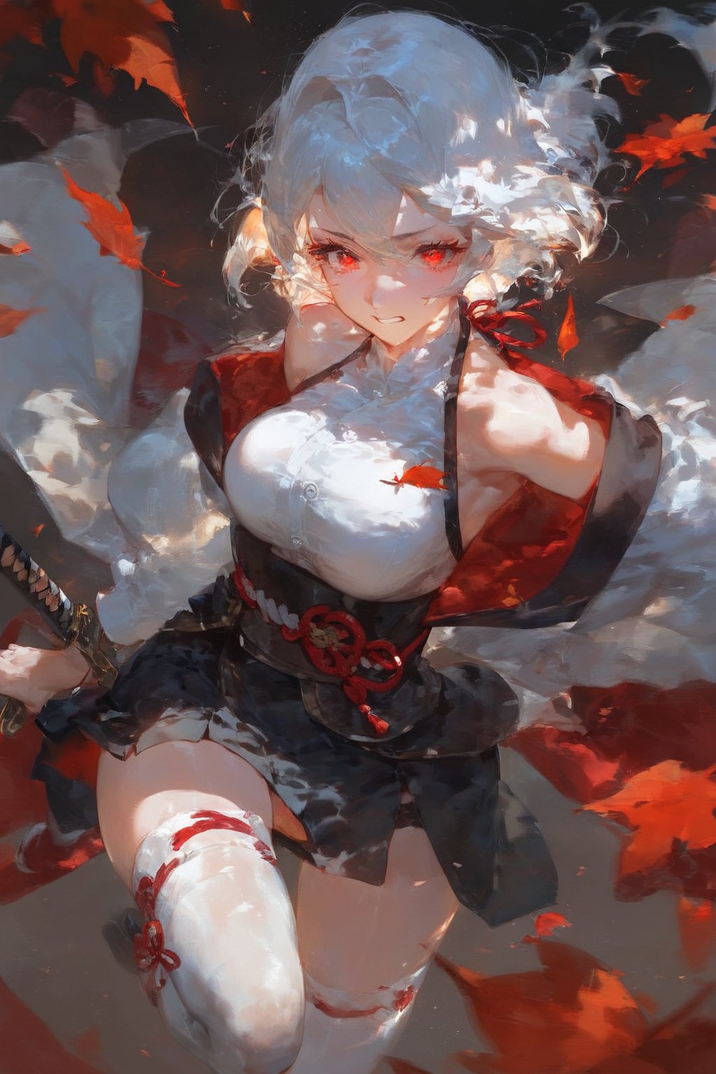 (score_9,score_8_up,score_7_up),best quality, expressive eyes, perfect face, girl with short white hair and red eyes, wearing a white cardigan, jacket under her shoulders, black office skirt, fashion eyelashes, sword

Standing, combat pose, beautiful eyelashes, red leaves around, samurai position, long sleeves, halterneck, white dress, white thighhighs, (solo_forced)