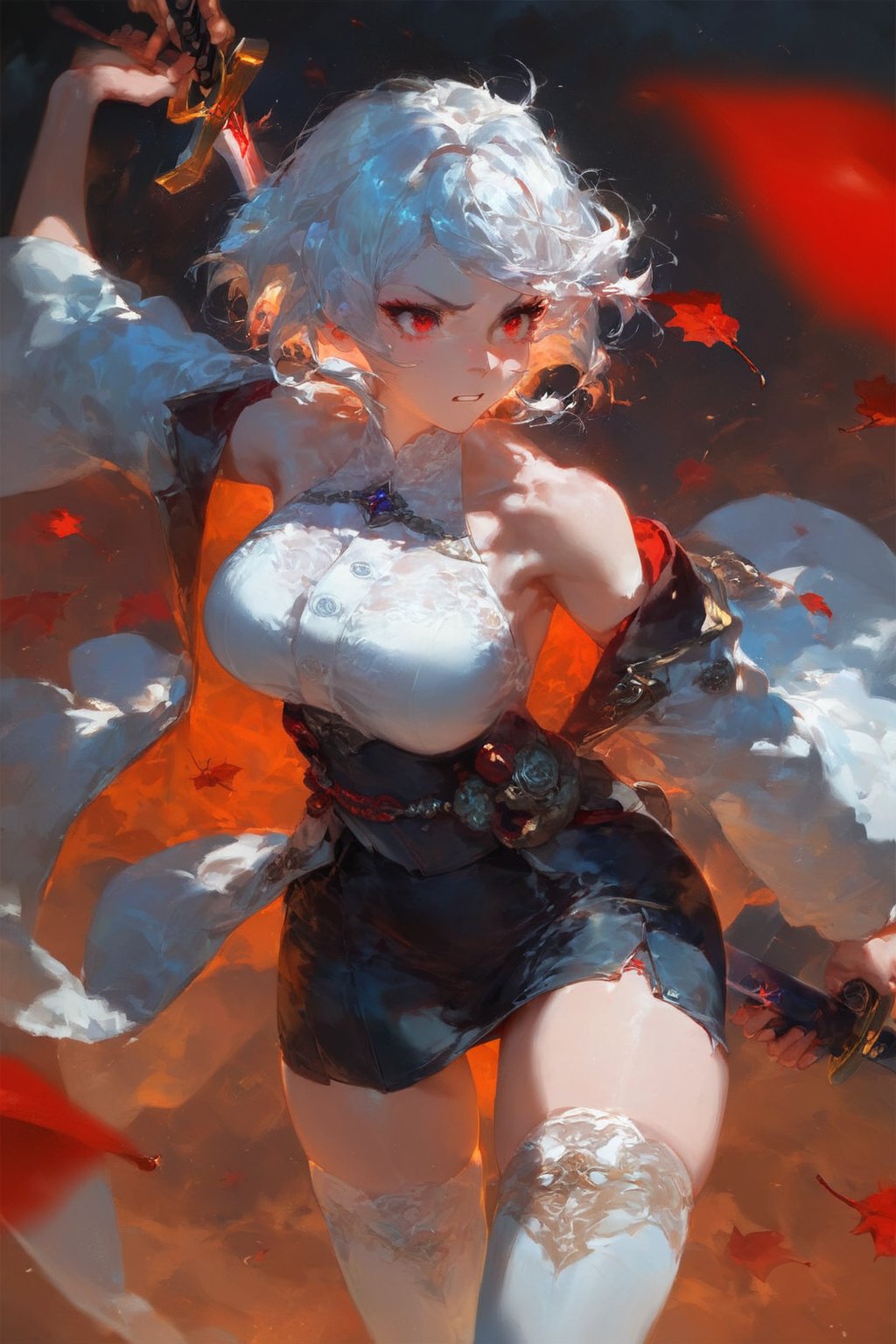 (score_9,score_8_up,score_7_up),best quality, expressive eyes, perfect face, girl with short white hair and red eyes, wearing a white cardigan, jacket under her shoulders, black office skirt, fashion eyelashes, sword

Standing, combat pose, beautiful eyelashes, red leaves around, samurai position, long sleeves, halterneck, white dress, white thighhighs, (solo_forced)