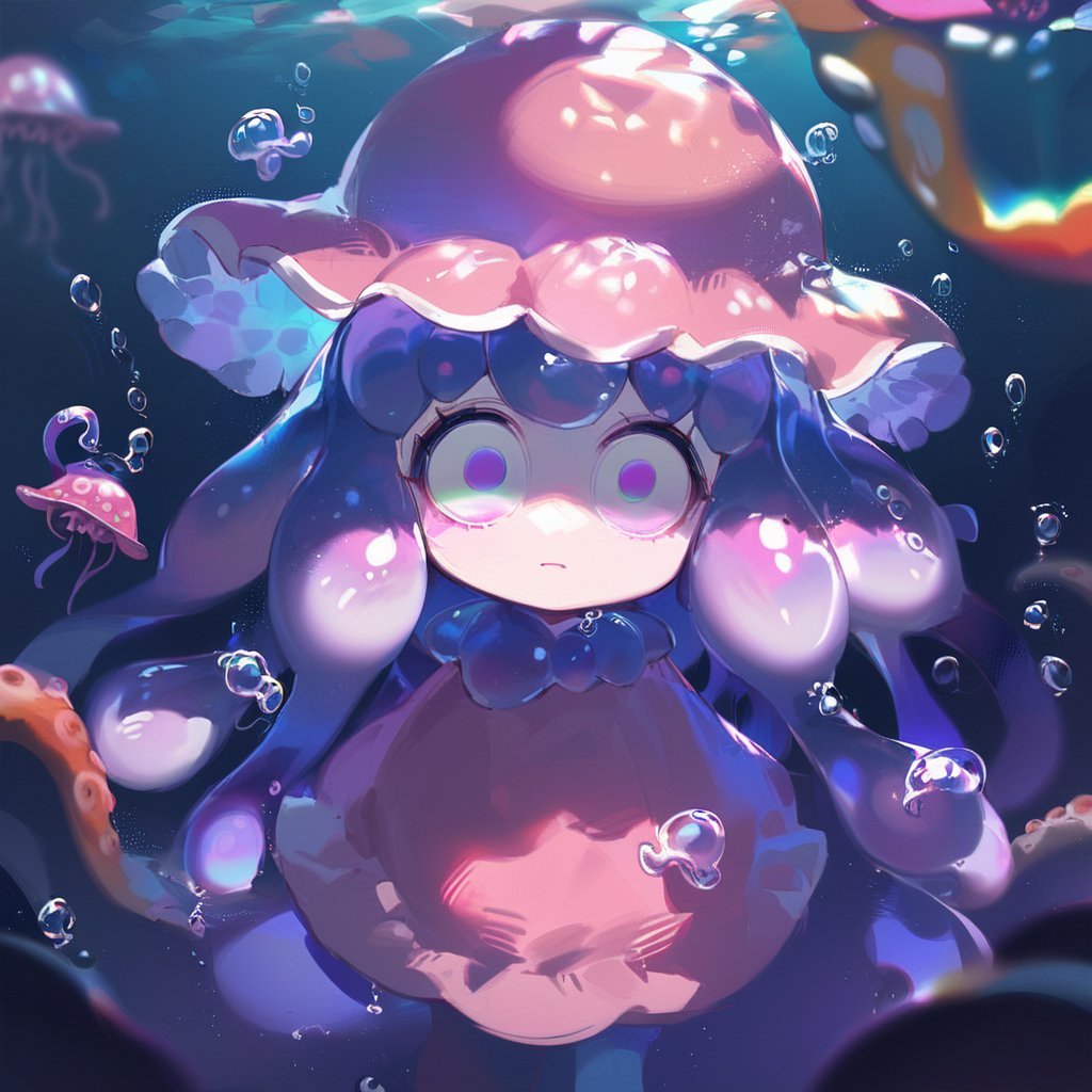 score_9, score_8_up, score_7_up, source_anime, 1girl, Jellyfish loli, Jellyfish Hat, Large jellyfish Hat, empty eyes, big eyes, pink dress, tentacle hair, bright eyes, 0.0 , Big empty eyes, white eyes, cute, small, adorable, underwater,bosstyle,rainbow eyes