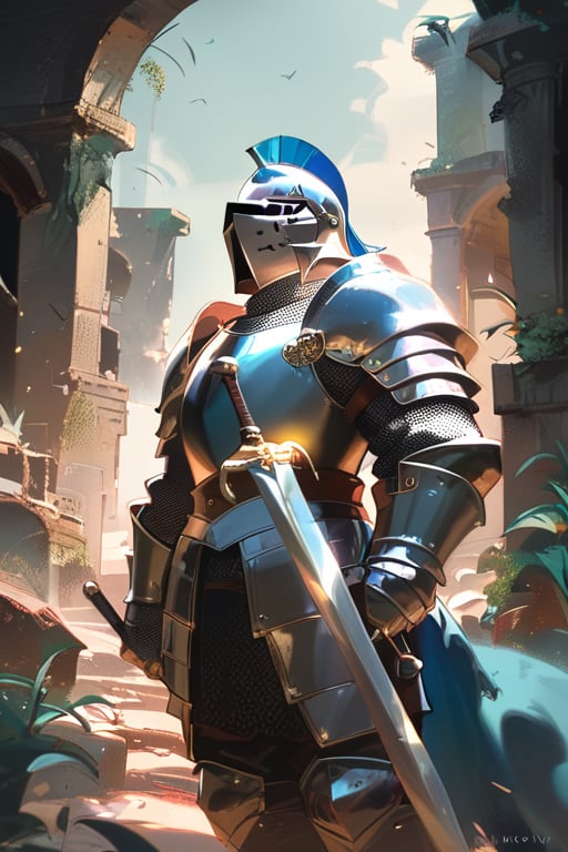 score_9, score_8_up, score_7_up, anthro, knight helmet, blue cap, ruins background, male, good body structure, padding, holding a sword, a knight in armor 