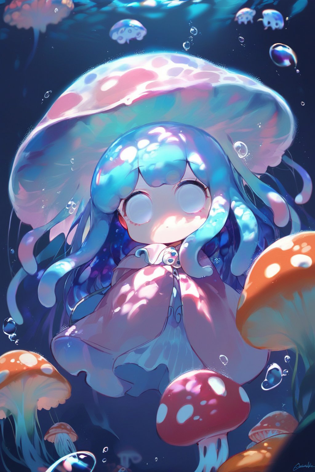 score_9, score_8_up, score_7_up, source_anime, 1girl, Jellyfish loli, Jellyfish Hat, Large Mushroom Hat, empty eyes, big eyes, pink dress, tentacle hair, bright eyes, 0.0 , Big empty eyes, white eyes, cute, small, adorable, underwater,bosstyle