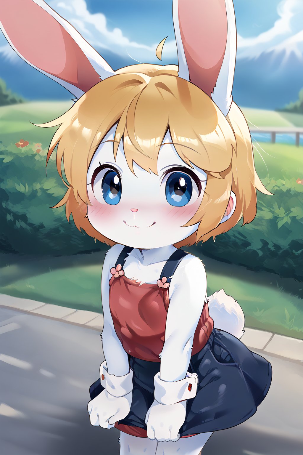 a cute little girl which is a yellow fue bunny with short blonde hair blue eyes, smiling, loli, bunny nose, (bunny tail:1,5), outdoors, (best quality:1,5), (masterpiece:1,5), art_by_dagasi:1, clothed, (white fur:1,5)