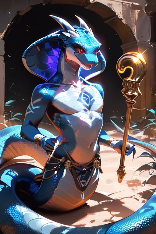 score_9, score_8_up, score_7_up, anthro, cobra, cobra head, cobra hood, ring-shaped eyes, spiral-shaped eyes, black spiral, red sclera, lizard tail, blue scales, blue stripes on scales, ruins background, flat chest, tribal markings painted on the body, dragon claw,bosstyle,@_@,swirly eyes,spiral eyes,Lamia,Snake, male, good body structure, padding, holding a golden scepter, big eyes, detailed eyes, wide eyes