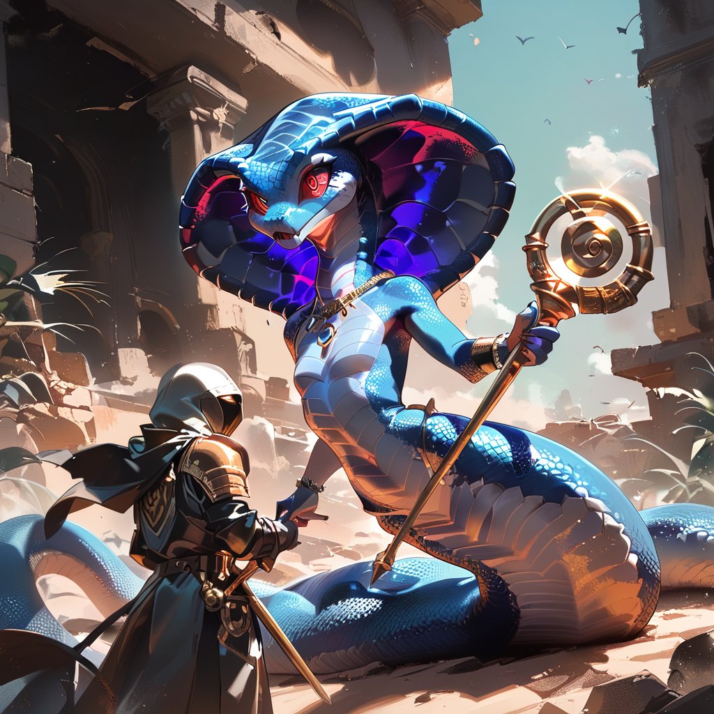 score_9, score_8_up, score_7_up, anthro, cobra, cobra head, cobra hood, ring-shaped eyes, spiral-shaped eyes, black spiral, red sclera, lizard tail, blue scales, blue stripes on scales, ruins background, flat chest, tribal markings painted on the body, dragon claw,bosstyle,@_@,swirly eyes,spiral eyes,Lamia,Snake, male, good body structure, padding, holding a golden scepter, big eyes, detailed eyes, wide eyes