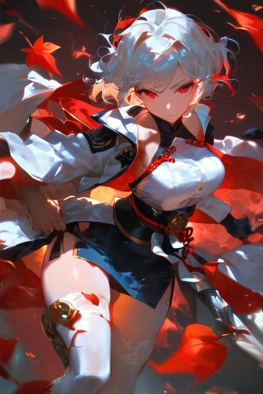 (score_9,score_8_up,score_7_up),best quality, expressive eyes, perfect face, girl with short white hair and red eyes, wearing a white cardigan, jacket under her shoulders, black office skirt, fashion eyelashes, sword

Standing, combat pose, beautiful eyelashes, red leaves around, samurai position, long sleeves, halterneck, white dress, white thighhighs