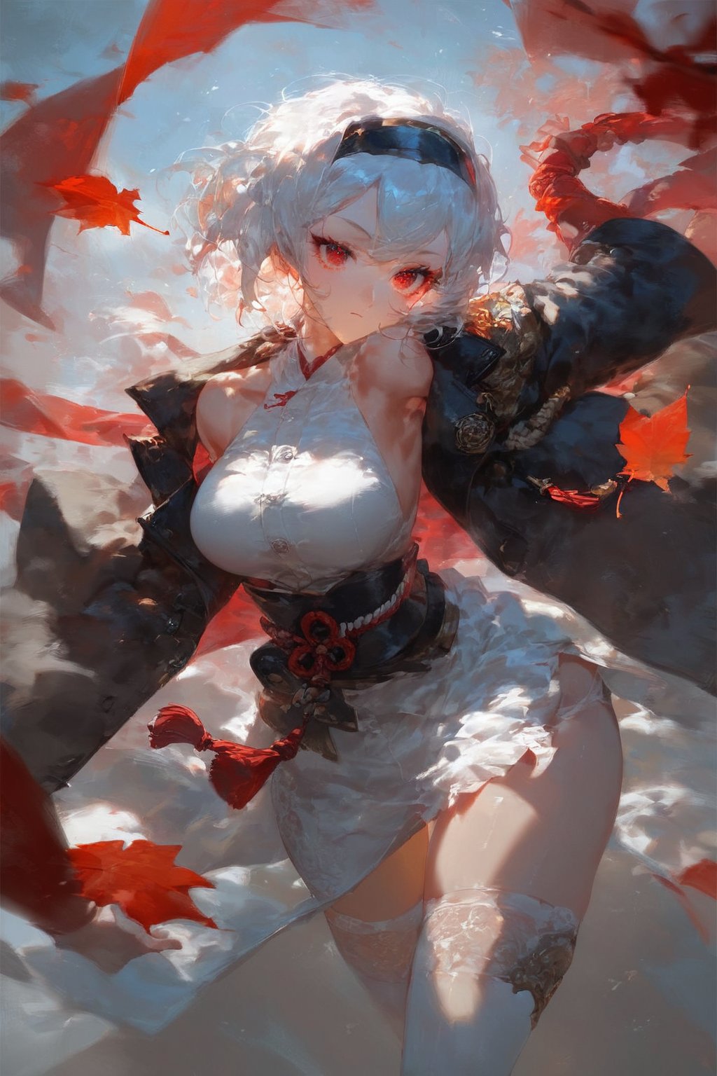 (score_9,score_8_up,score_7_up),best quality, expressive eyes, perfect face, girl with short white hair and red eyes, wearing a white cardigan, jacket under her shoulders, black office skirt, fashion eyelashes, sword

Standing, combat pose, beautiful eyelashes, red leaves around, samurai position,, hairband, long sleeves, halterneck, white dress, white thighhighs