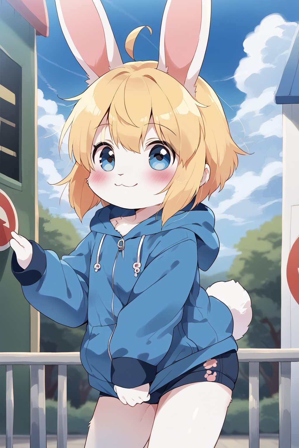 a cute little girl which is a yellow fue bunny with short blonde hair blue eyes, smiling, loli, bunny nose, (bunny tail:1,5), outdoors, (best quality:1,5), (masterpiece:1,5), art_by_dagasi:1, clothed, (white fur:1,5)