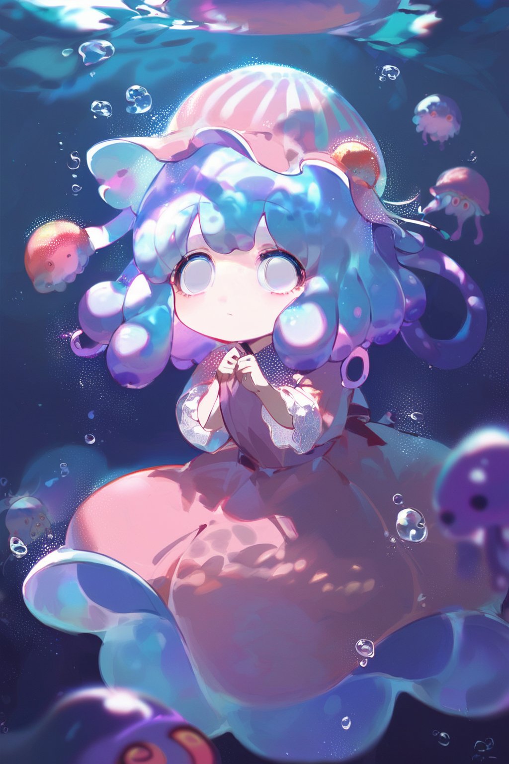 score_9, score_8_up, score_7_up, source_anime, 1girl, Jellyfish loli, Jellyfish Hat, Large jellyfish Hat, empty eyes, big eyes, pink dress, tentacle hair, bright eyes, 0.0 , Big empty eyes, white eyes, cute, small, adorable, underwater,bosstyle