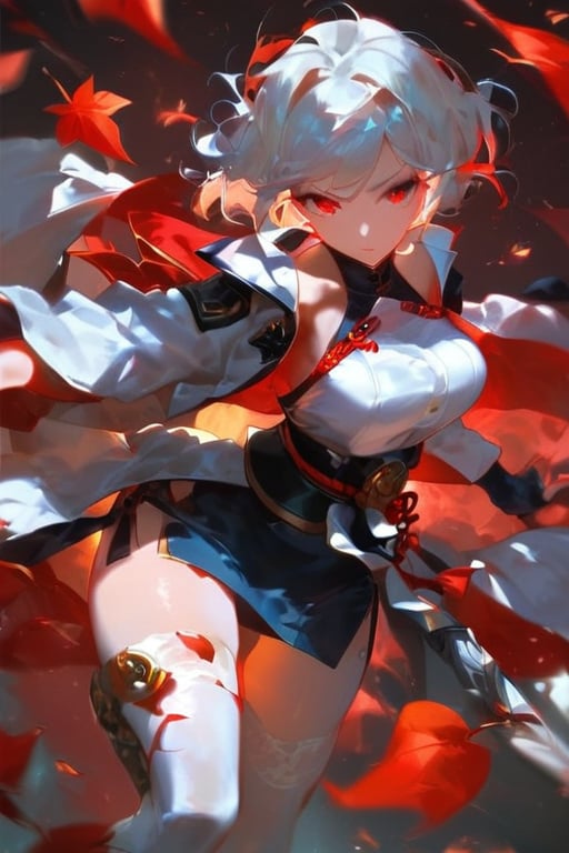 (score_9,score_8_up,score_7_up),best quality, expressive eyes, perfect face, girl with short white hair and red eyes, wearing a white cardigan, jacket under her shoulders, black office skirt, fashion eyelashes, sword

Standing, combat pose, beautiful eyelashes, red leaves around, samurai position, long sleeves, halterneck, white dress, white thighhighs