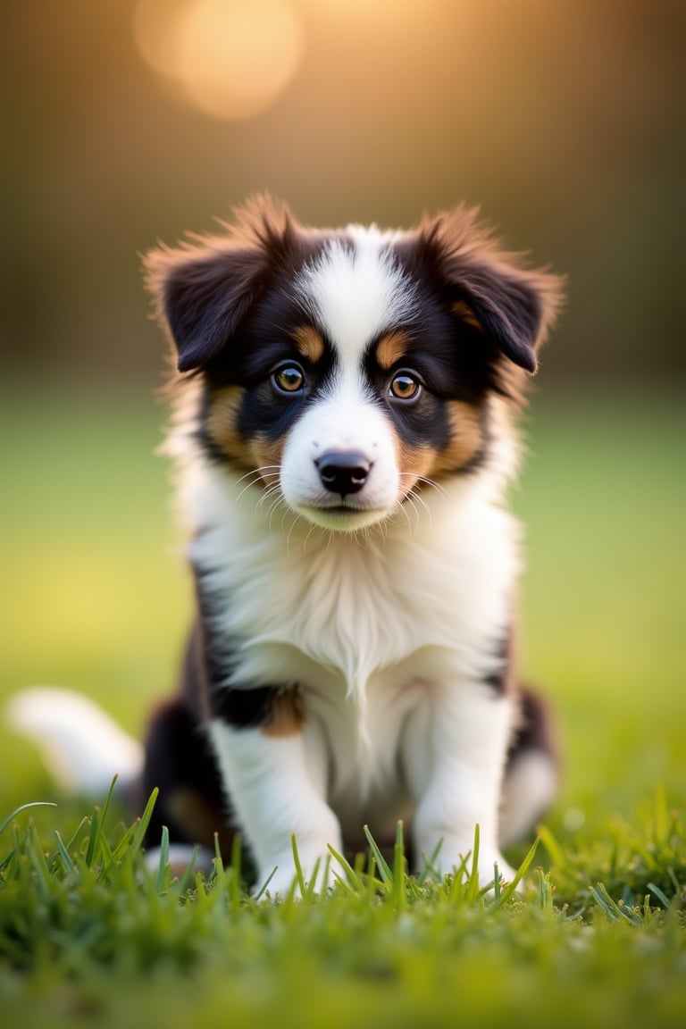 Shot of a Border Collie puppy sitting on a soft, green grass, with its ears perked up and tail wagging gently. The camera captures the puppy's endearing features, showcasing its bright brown eyes and fluffy coat. The lighting is warm and natural, casting a soft glow on the puppy's face. Composition focuses on the puppy's adorable expression, with a blurred background to emphasize its cuteness.