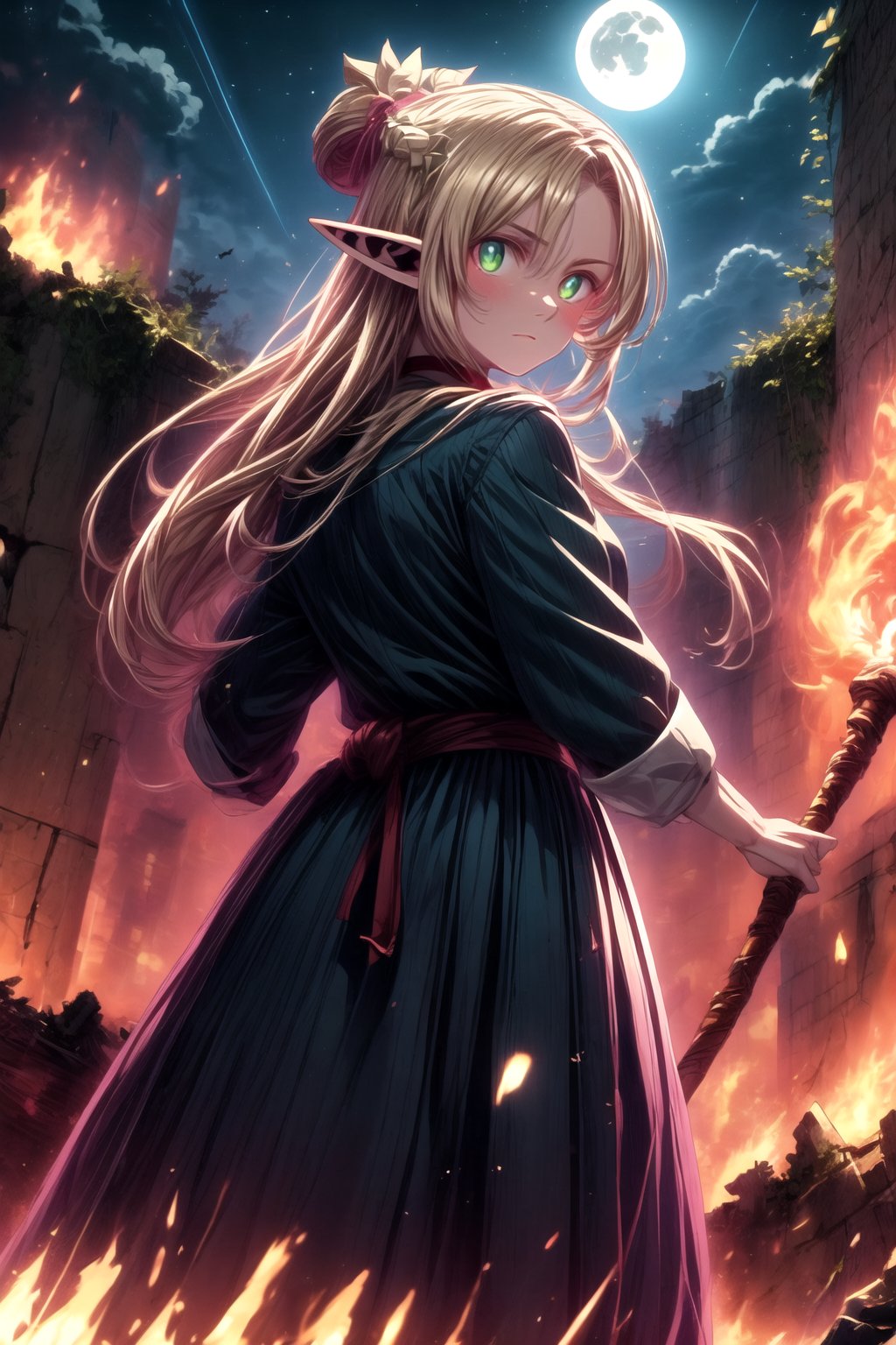 Here is a high-quality prompt for anime artwork:

Masterpiece depiction of a lone, pink-haired elf maiden, Marcille Donato, standing heroically on the edge of a ruined castle at dusk. The night sky is ablaze with a full moon, and the air glows with an aura of energy as she prepares to face an incoming attack. Her long, flowing hair cascades down her back like a river of fire, adorned by a delicate hair ornament that catches the soft light. A black dress cinches at her waist, showcasing her impressive assets, while a gold hairband and choker add a touch of elegance. Her piercing green eyes burn with determination as she assumes a fighting stance, staff in hand, amidst the rubble-strewn battle camp. The scene is bathed in warm, golden light, with a red glow emanating from her glowing eyes - a beacon of courage in the face of danger.