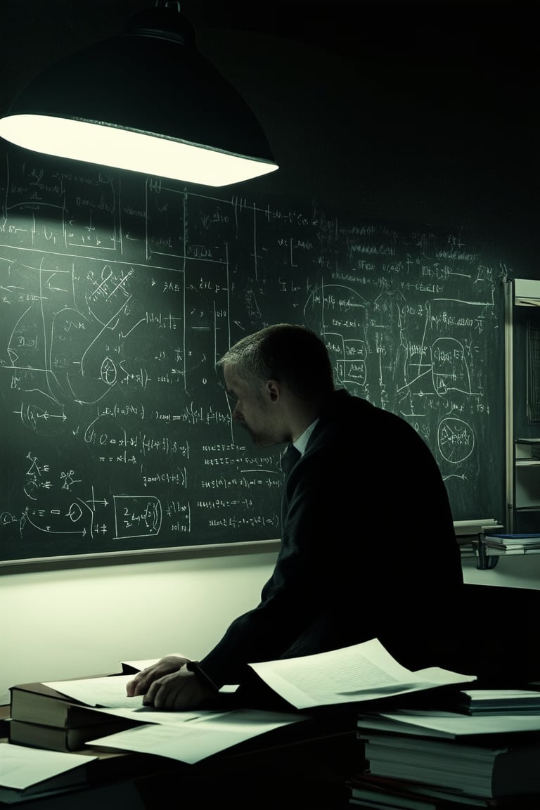 A moody, dimly-lit scene with a focus on logical reasoning. A lone figure sits in front of a blackboard covered in complex equations and diagrams, surrounded by scattered papers and books. The room is shrouded in an eerie darkness, with only the faint glow of a desk lamp illuminating the subject's determined expression.