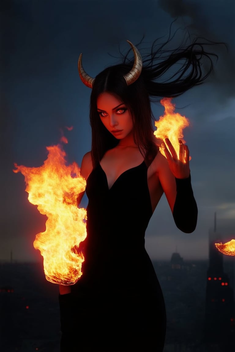 A sultry young woman with horns and a fiery red aura, posing confidently in front of a dark, smoky cityscape at dusk. She's dressed in a sleek black jumpsuit, her eyes gleaming with mischief as she raises one hand to summon hellish flames, the wind whipping her long hair into a frenzy.