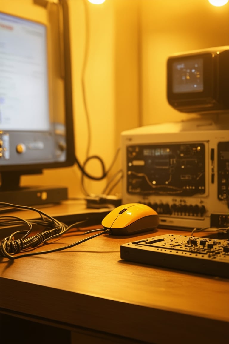 Capture a serene studio setting with soft yellow lighting, illuminating a minimalist workspace filled with vintage computer parts and retro gadgets. The central focus is on a small, worn-out yellow computer mouse sitting atop a wooden desk, surrounded by scattered circuit boards and wires. The warm color tone of the yellow light casts a cozy glow, while the shallow depth of field blurs the background, emphasizing the tactile details of the aged electronics.