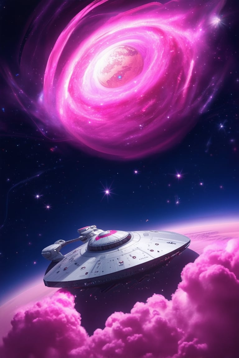 A futuristic 3D pink space scene: a vibrant pink galaxy fills the frame, with swirling clouds of pink gas and stars twinkling like diamonds against a dark blue-purple background. In the foreground, a sleek silver spaceship with pink accents orbits a glowing pink planet, surrounded by wispy tendrils of pink nebula material.