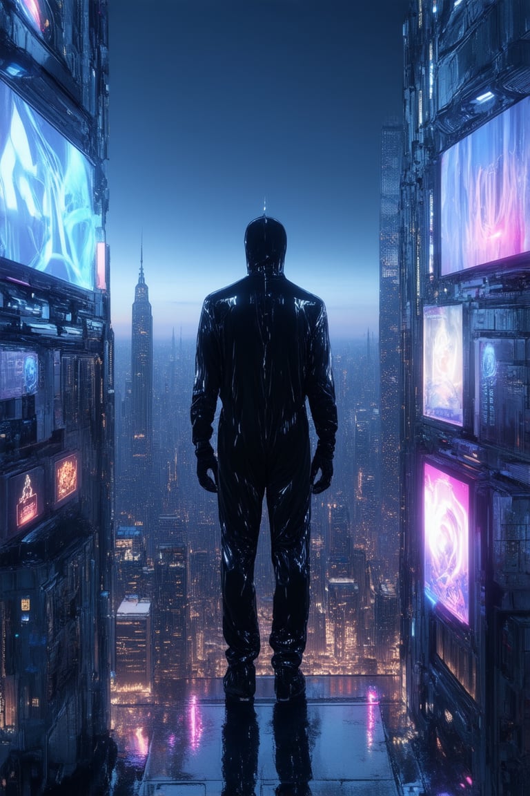 A futuristic cityscape at dusk, with holographic advertisements glowing like ethereal mist on buildings. In the foreground, a lone figure in a sleek black jumpsuit stands atop a neon-lit skyscraper, gazing out into the hazy horizon as the city's vibrant energy pulses through their being.