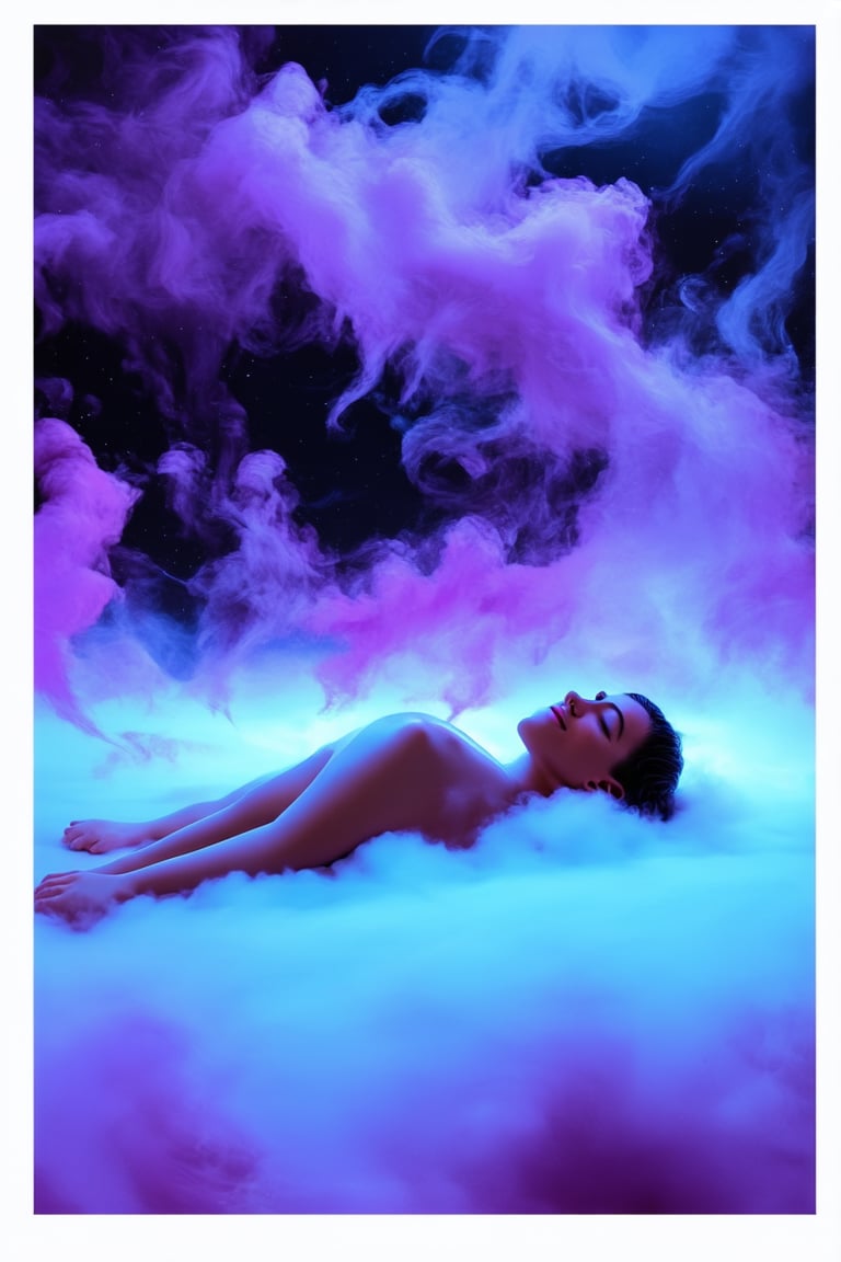 A surreal dreamscape unfolds as a person lies on a soft, cloud-like surface, surrounded by swirling purple and blue mist. The subject's eyes are closed, face serene, with a hint of a smile. A subtle glow emanates from within the dreamer, illuminating the ethereal atmosphere. The framing is tight, focusing attention on the dreamer's peaceful repose.